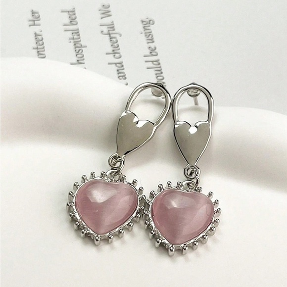 Pink Heart Silver Drop Earrings - Picture 8 of 14